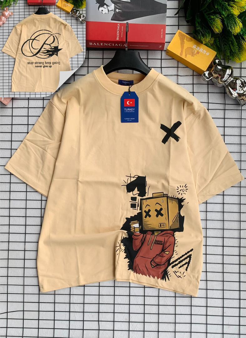 Beige Oversized Cartoon Box Head Graphic T-Shirt "GOOD PERSON" Motivational Print Streetwear Tee