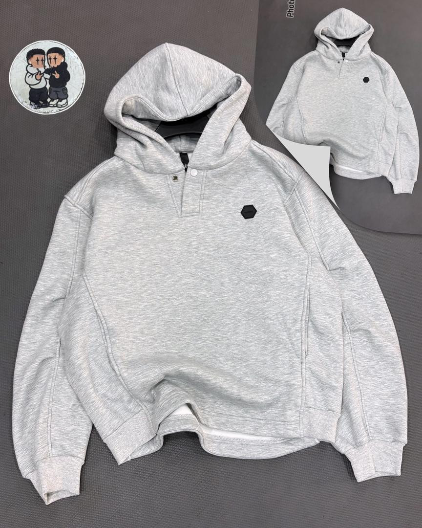 Light Gray Heather Quarter-Zip Hoodie Oversized Mock-Neck Pullover Hexagon Logo Streetwear