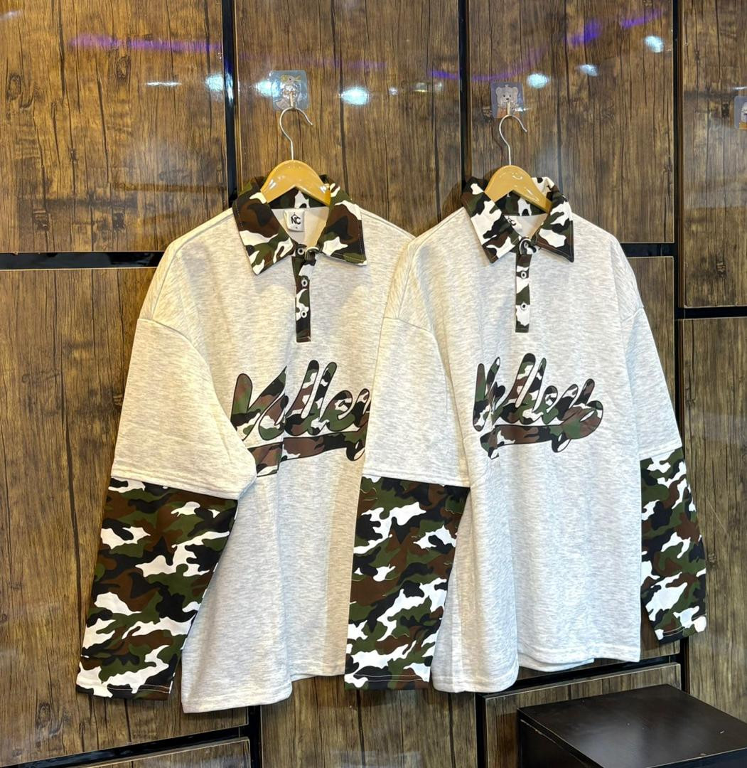 Men's Camouflage Patchwork Long Sleeve Polo Shirt - Oversized Heather Grey Graphic Sweatshirt - Urban Streetwear Camo Contrast Collar Top - Hip Hop Loose Fit Pullover