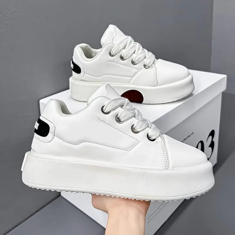 White Chunky Platform Sneakers Thick Sole Low Top Lace Up Streetwear Unisex Fashion Casual Shoes Oversized Dad Sneaker Style