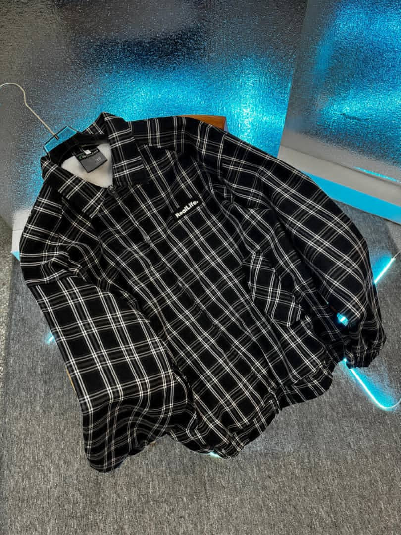 Plaid Half-Zip Shirt Jacket Black Yellow Check Oversized RootLife Logo Bomber Windbreaker Unisex Retro Streetwear Casual Layer