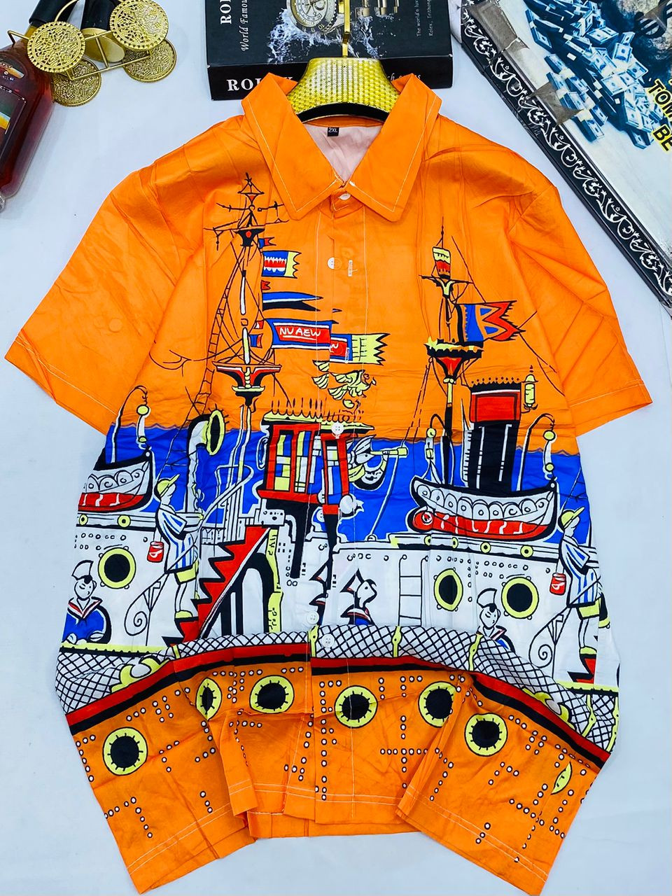 Orange Nautical Ship Print Shirt Short Sleeve Satin Button Up Sailor Boat Illustration Camp Collar Streetwear Casual Top DNZ Style