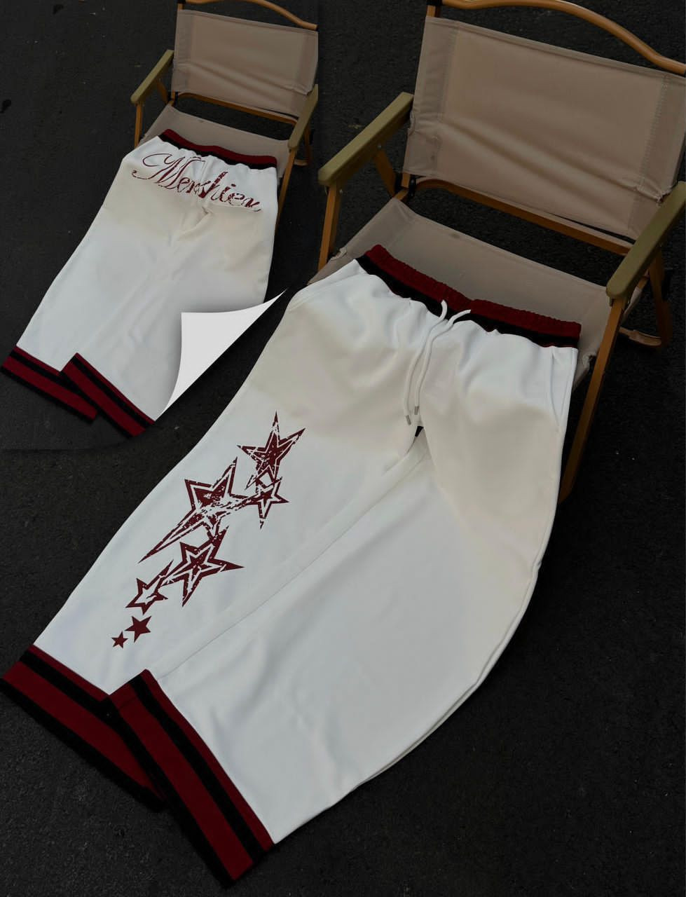 White Satin Flared Track Pants Red Star Cascade "Merchien" Print Wide-Leg Lounge Sweatpants