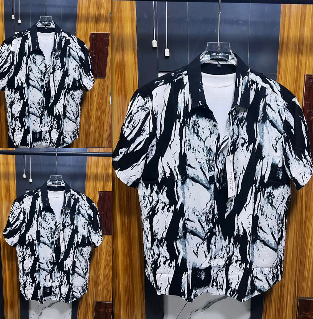 Cream Black Marble Wavy Print Shirt Short Sleeve Satin Button Up Abstract Camp Collar Streetwear Casual Top DNZ Style