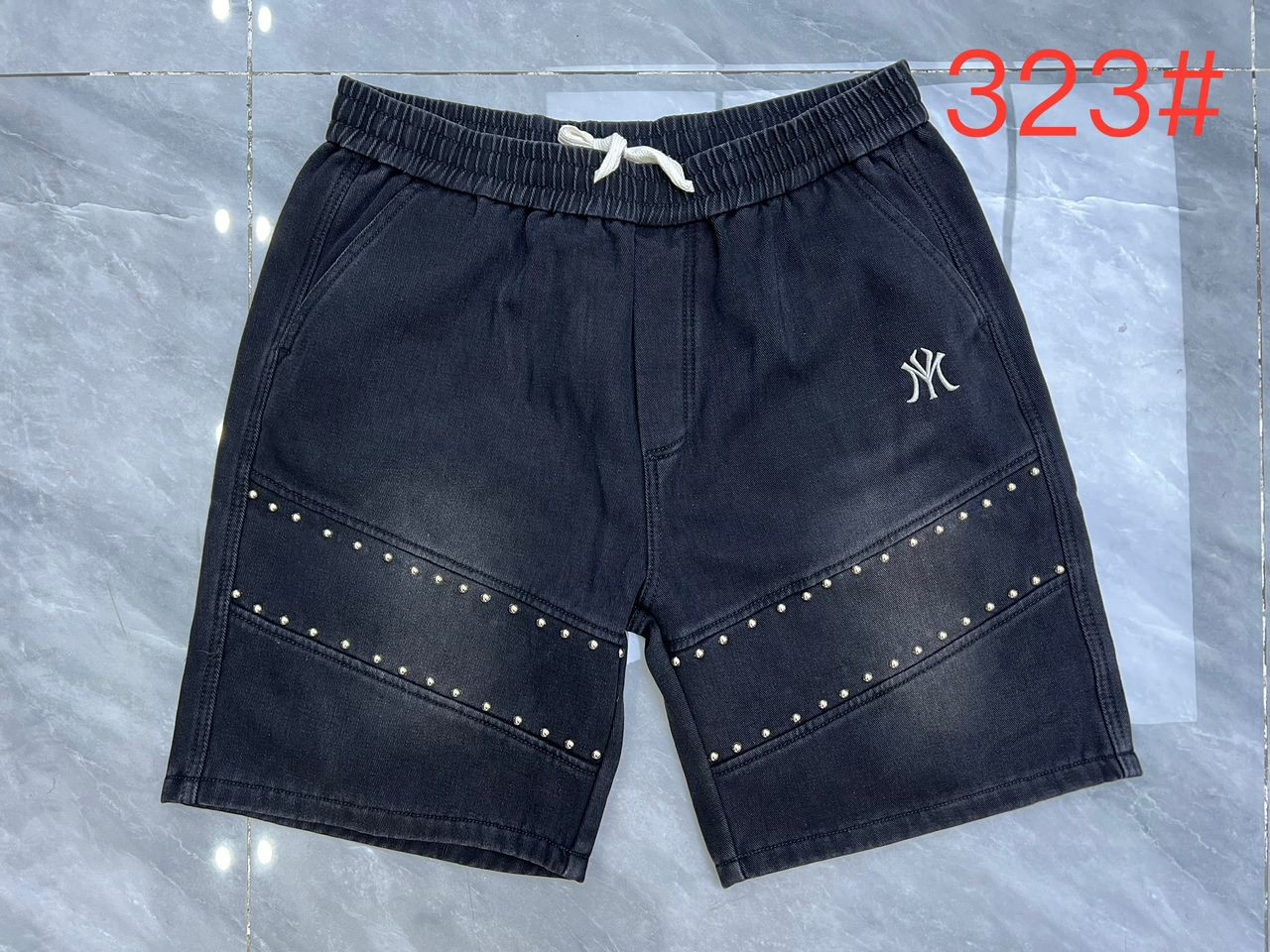 Men's Premium Black Studded Denim Shorts – Relaxed Fit Summer Jean Shorts with Designer Embroidery and Metallic Accents – Casual Streetwear Aesthetic