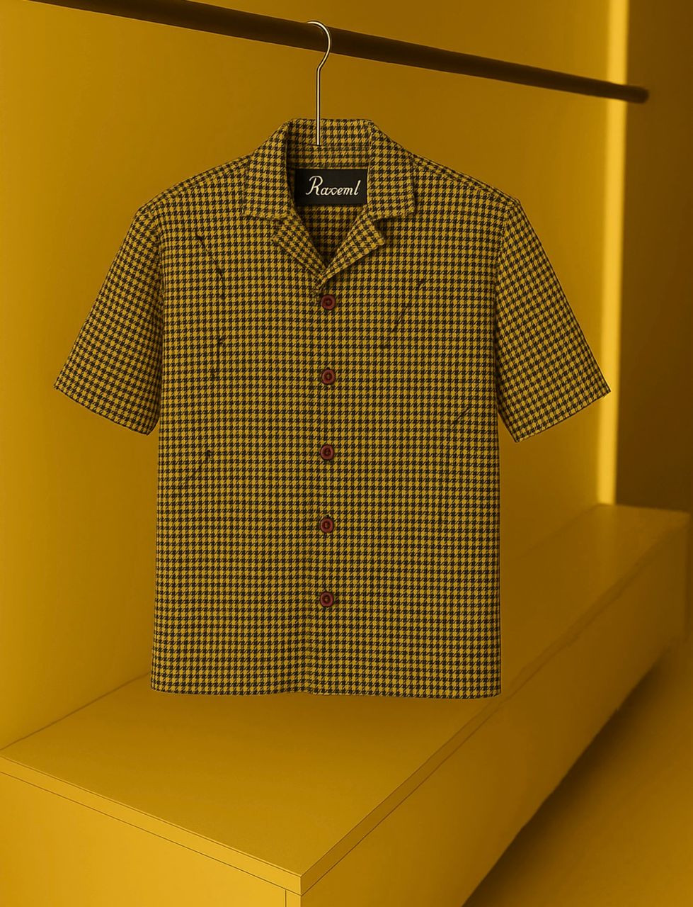Yellow Black Houndstooth Camp Collar Shirt Short Sleeve Button Up Oversized Streetwear Casual Top Rosmill Style