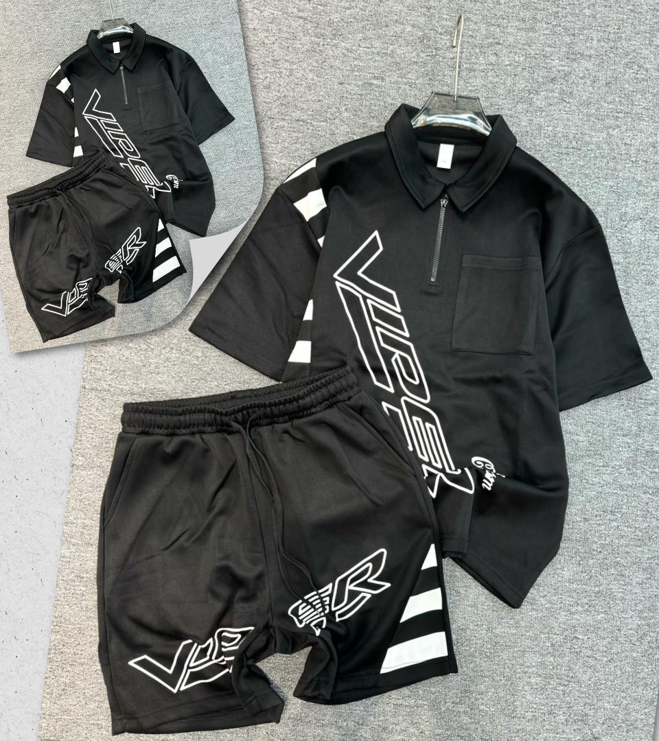 VIPER Oversized Polo & Shorts Set - Black White Graphic Co-ord Streetwear Unisex
