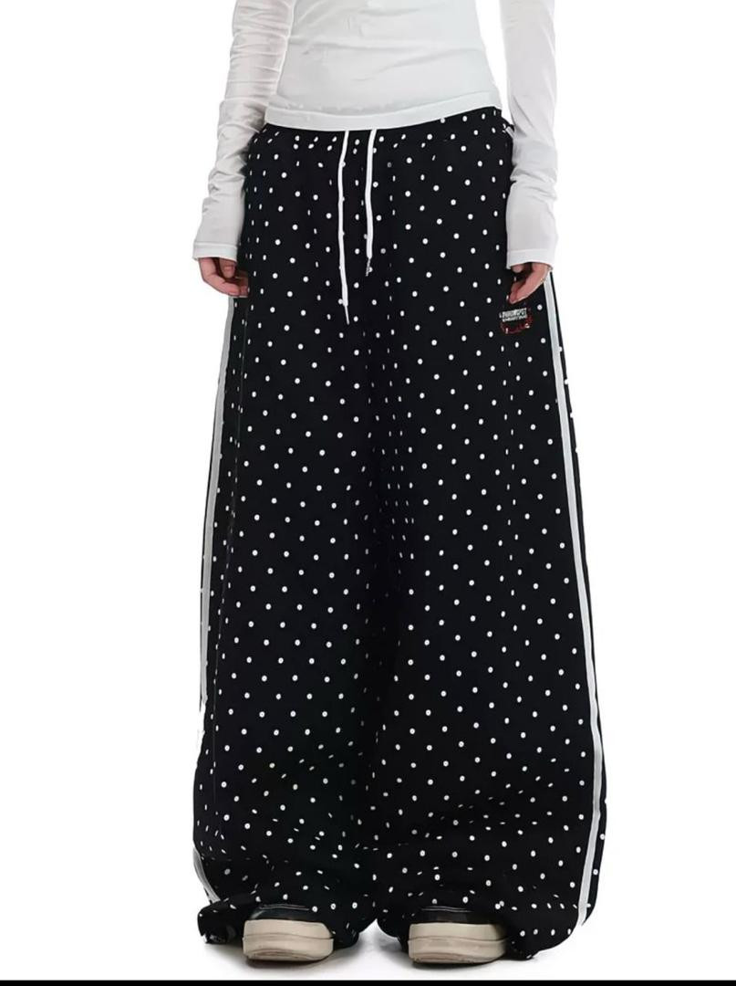 Unisex Y2K Wide-Leg Polka Dot Track Pants - Oversized Baggy Streetwear Trousers with Side Stripes & Adjustable Drawstring Hem