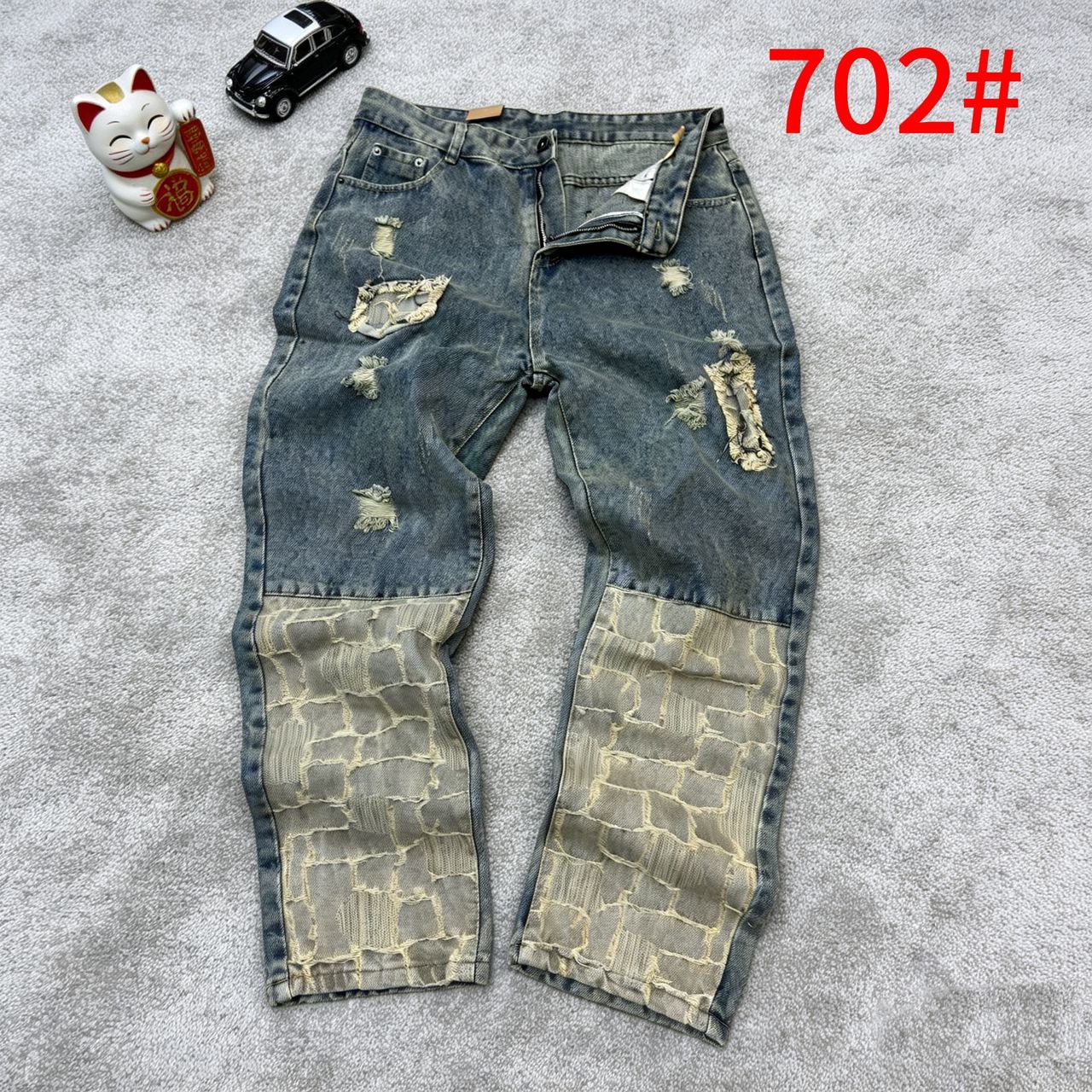 Men's Vintage Wash Patchwork Jeans - Distressed Straight Leg Denim, Harajuku Streetwear Trousers with Textured Knee Paneling