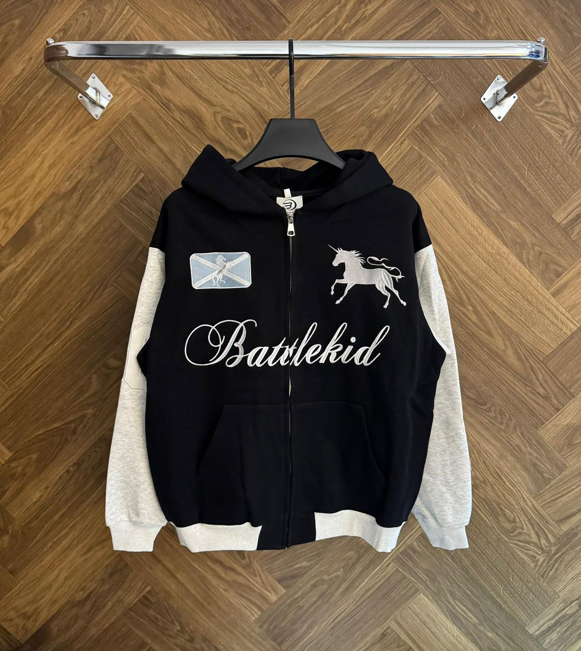 Men’s Varsity Archive Zip-Up Hoodie - Oversized Color-Block Sweatshirt with Unicorn Embroidery & Scotland Flag Patch - Heavyweight Fleece