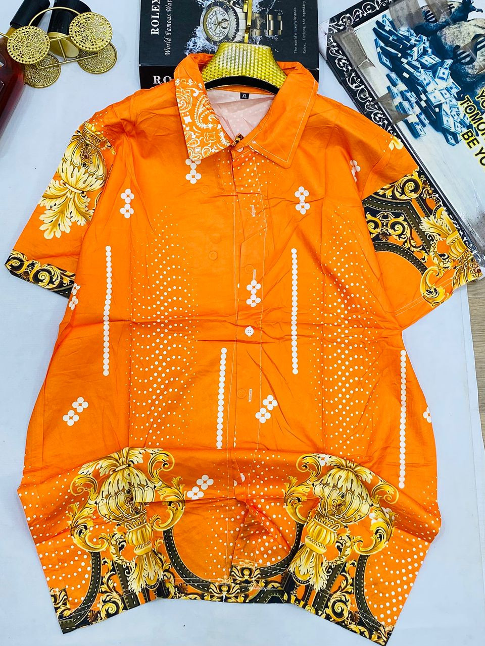 Baroque Gold Print Shirt Short Sleeve Satin Button Up Versace-Inspired Floral Ornate Camp Collar Streetwear Casual Top DNZ Style