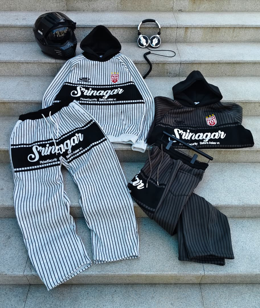 Striped Srinagar Hoodie & Joggers Tracksuit Set PickedSecurity Print Oversized Streetwear Green Black Gray