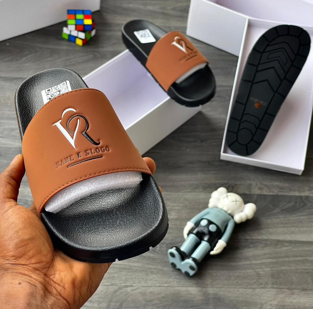 Black Matte Slide Sandals V Logo Embossed NAME & SLOGO Thick Sole Comfort Pool Slides Unisex Casual Summer Trainers