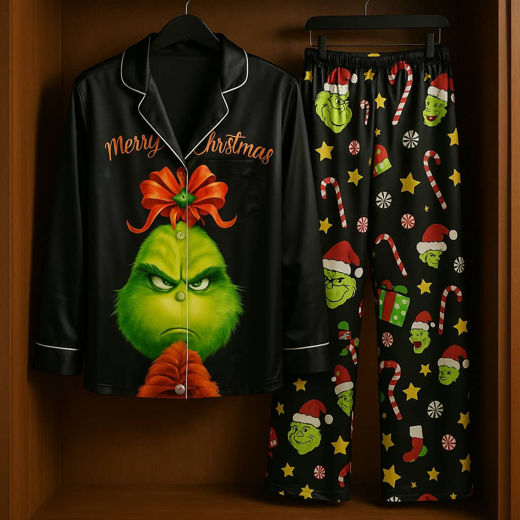 Grinch Merry Christmas Pajama Set Black Satin Shirt + Printed Pants Holiday Sleepwear