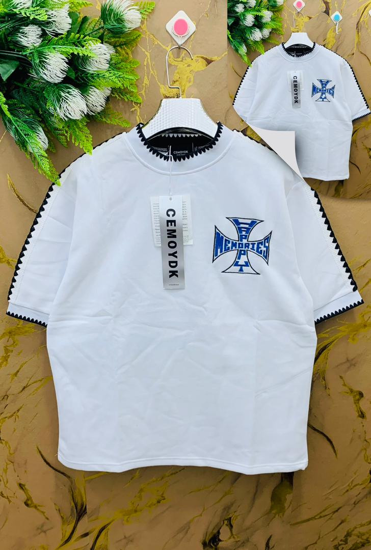 White Oversized T-Shirt Blue Memories Cross Embroidery Serrated Trim Streetwear Unisex Hype Casual Top Chrome Hearts Inspired