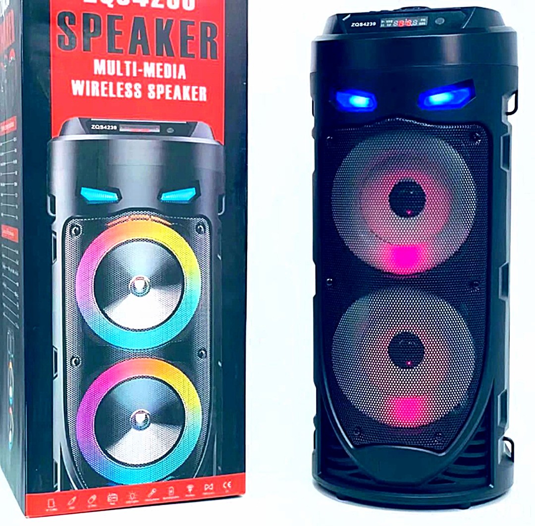 ZQS4239 Portable Wireless Bluetooth Party Speaker - Dual 4-Inch Subwoofers with RGB LED Lights & Karaoke Mic Support