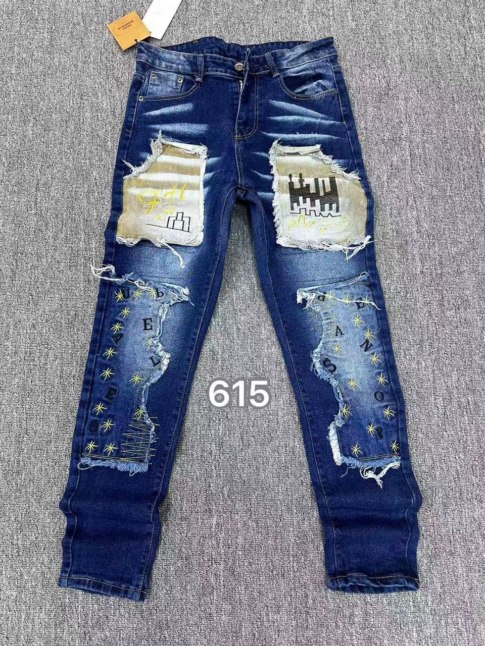 Men's Graphic Patchwork Distressed Jeans - Slim Fit Streetwear Denim with Embroidery & Print, Hip Hop Style Ripped Trousers