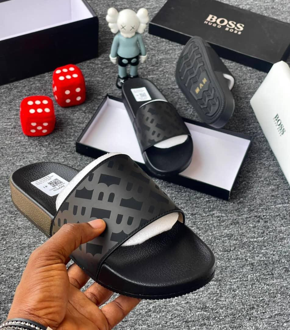 Black Hugo Boss Inspired Platform Slides BOSS Logo Print Thick Sole Slip On Streetwear Unisex Fashion Casual Sandals Hype Beach Pool Shoes