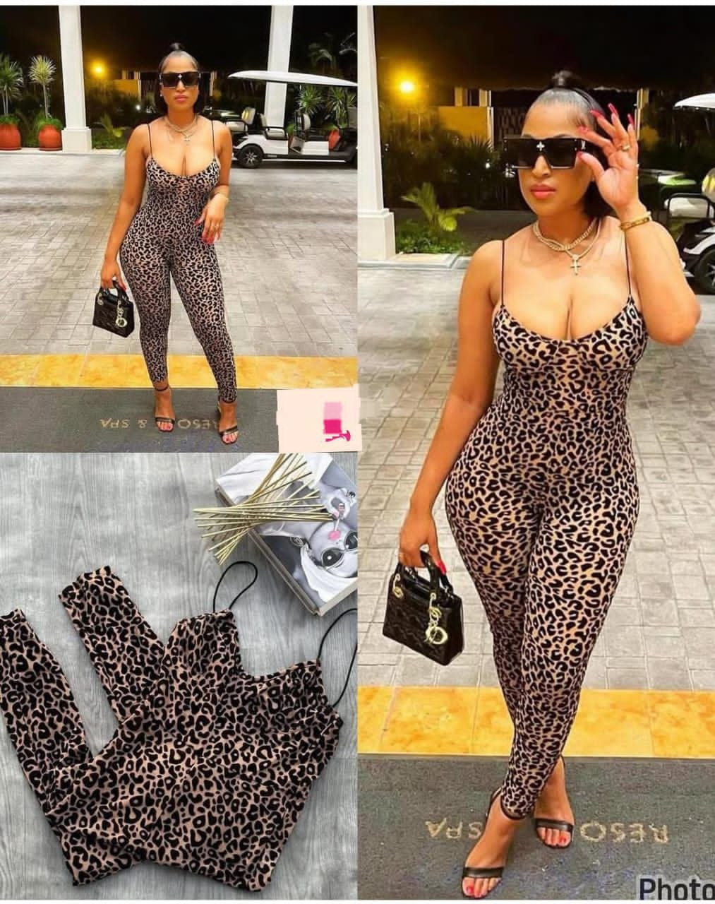Leopard Print Sheer Mesh Jumpsuit Plunge Neck Spaghetti Strap Bodysuit Full-Length Catsuit