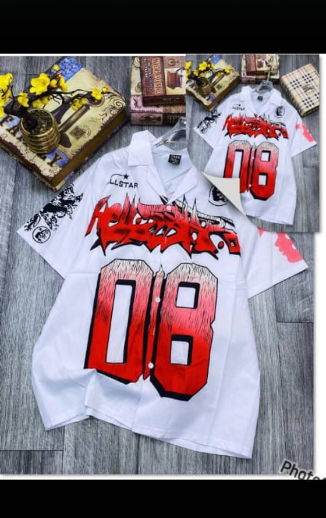 White HELLBOYSTAR Graphic Polo Shirt Short Sleeve Red "08" Number Print Camp Collar Streetwear Casual Top LLSTAR Style