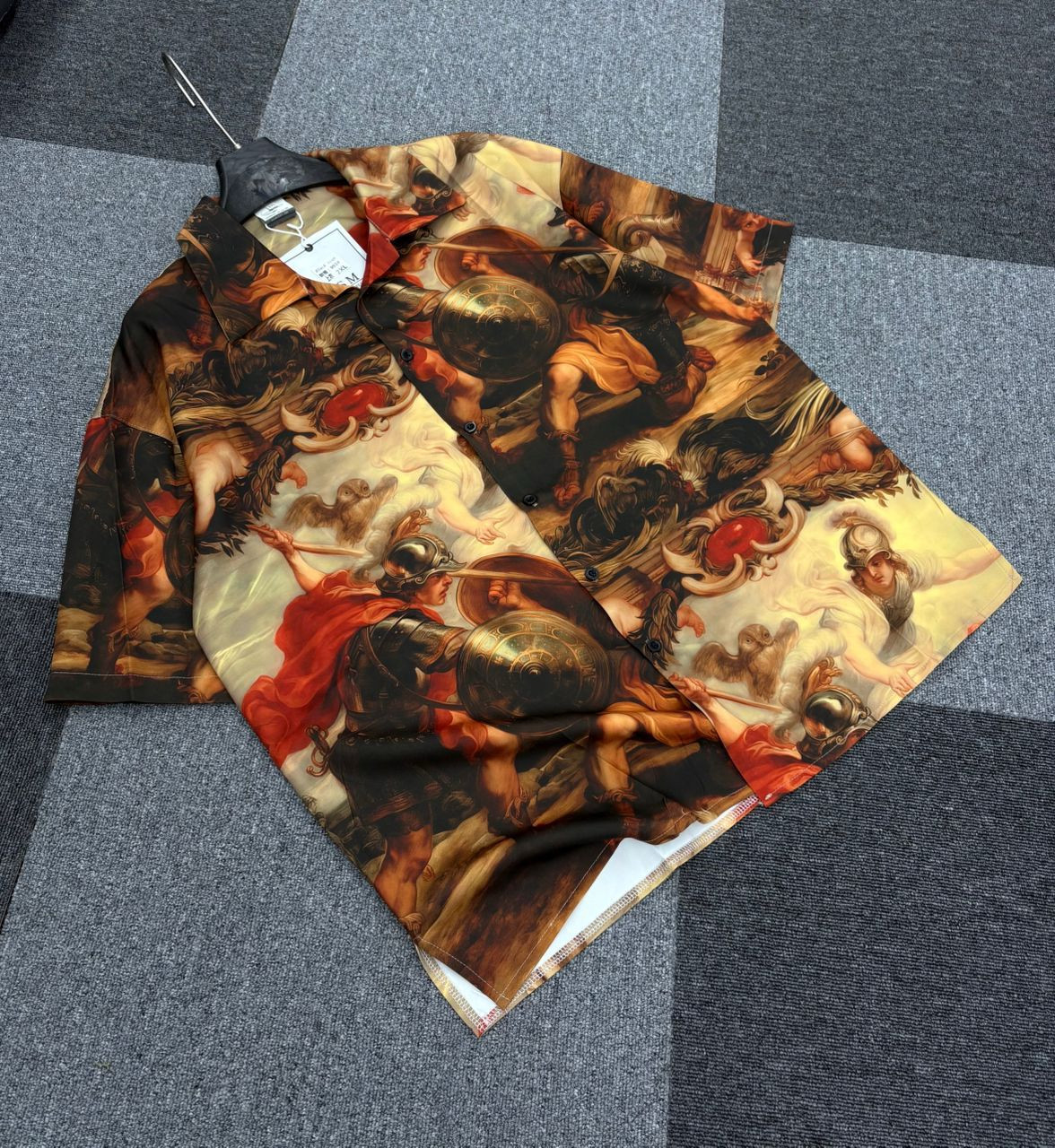 Oversized Art Print Button Shirt - Renaissance Battle Warriors All-Over Print Casual Top