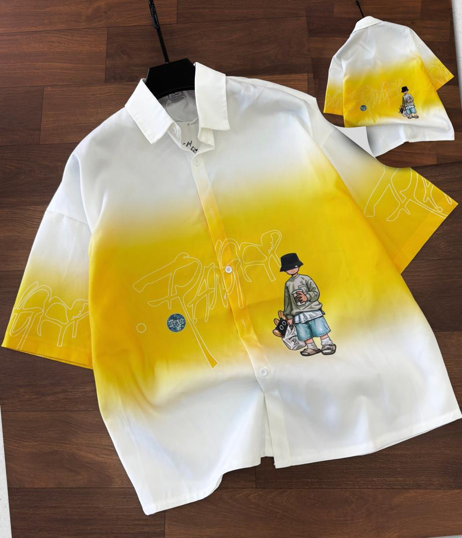 Gradient Tie-Dye Button Shirt Cartoon Boy with Camera PAIDY Text Oversized Relaxed Fit Unisex Streetwear Anime Inspired Top