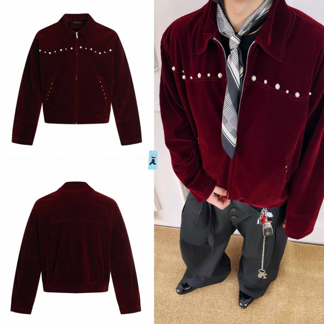 Burgundy Velvet Cropped Jacket Pearl Stud Embellished Zip Front Bomber Streetwear Velvet Outerwear