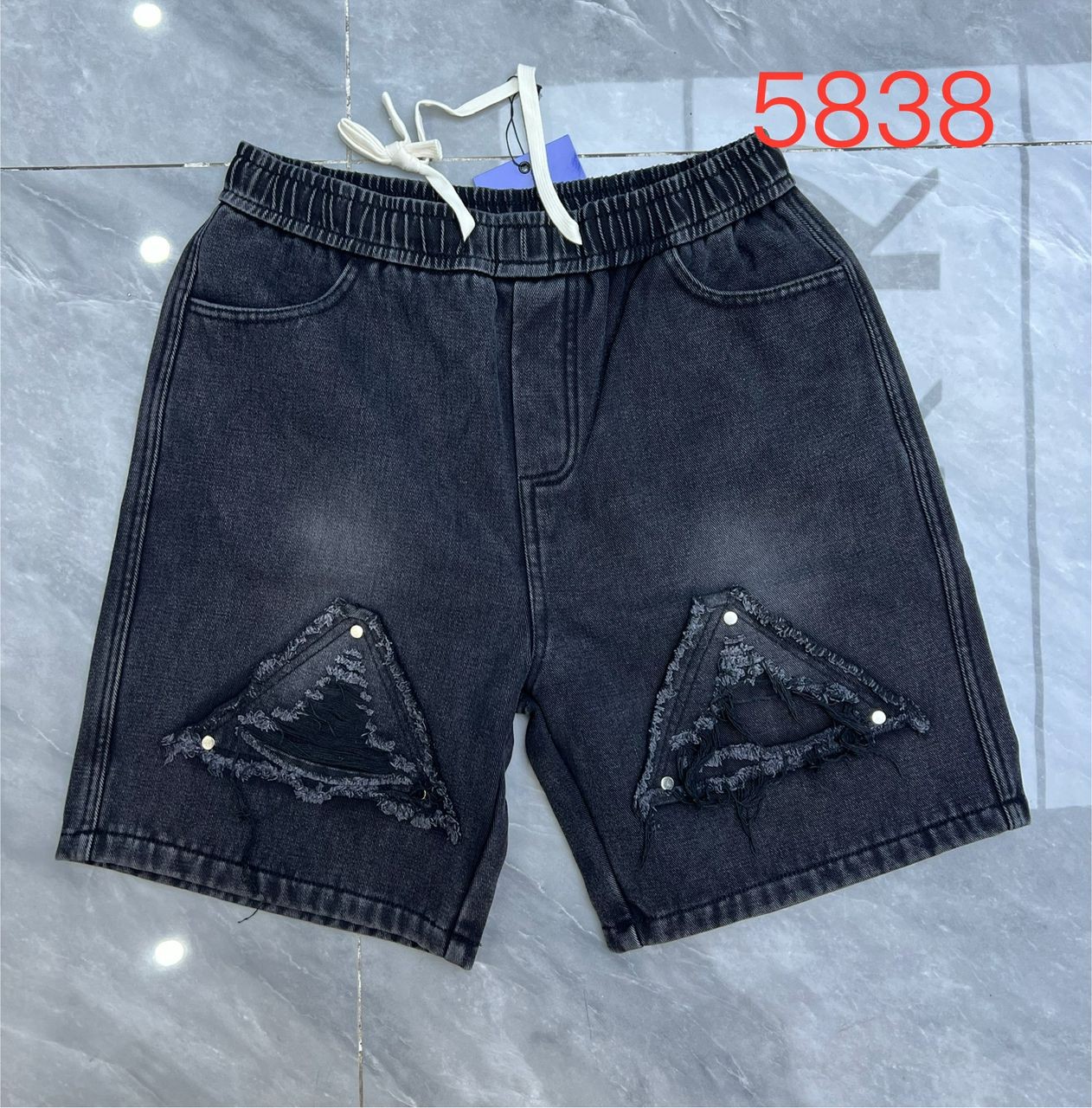 Men's Premium Black Distressed Denim Shorts – Relaxed Fit Summer Jean Shorts with Frayed Triangular Overlays & Stud Details – Edgy Streetwear Aesthetic