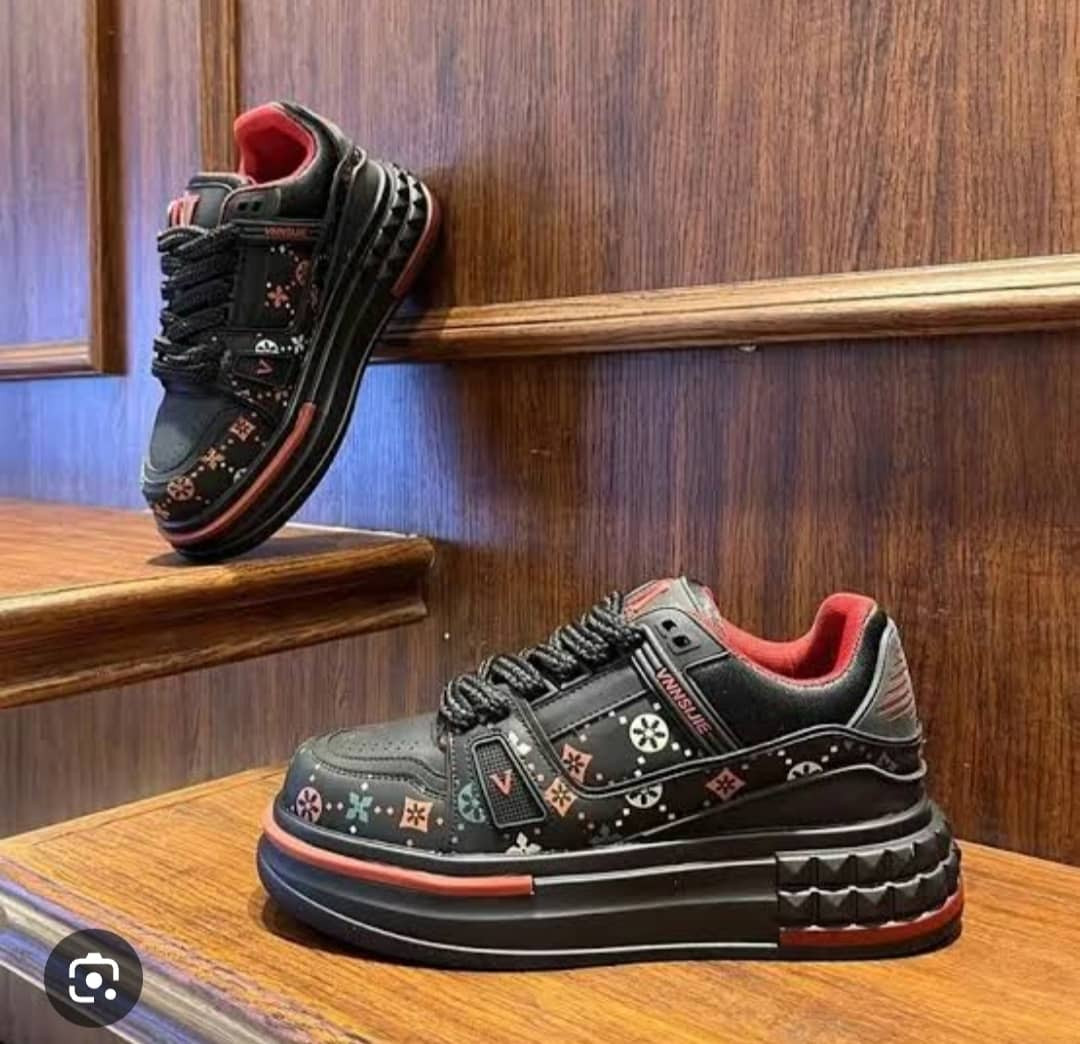 Black Floral Cross Print Chunky Platform Sneakers Red Accents Spiked Sole Luxury Inspired Oversized Streetwear Trainers Unisex