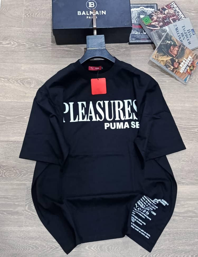 Black Oversized Pleasures Puma Mashup Graphic T-Shirt Bold White Print Streetwear Casual Tee