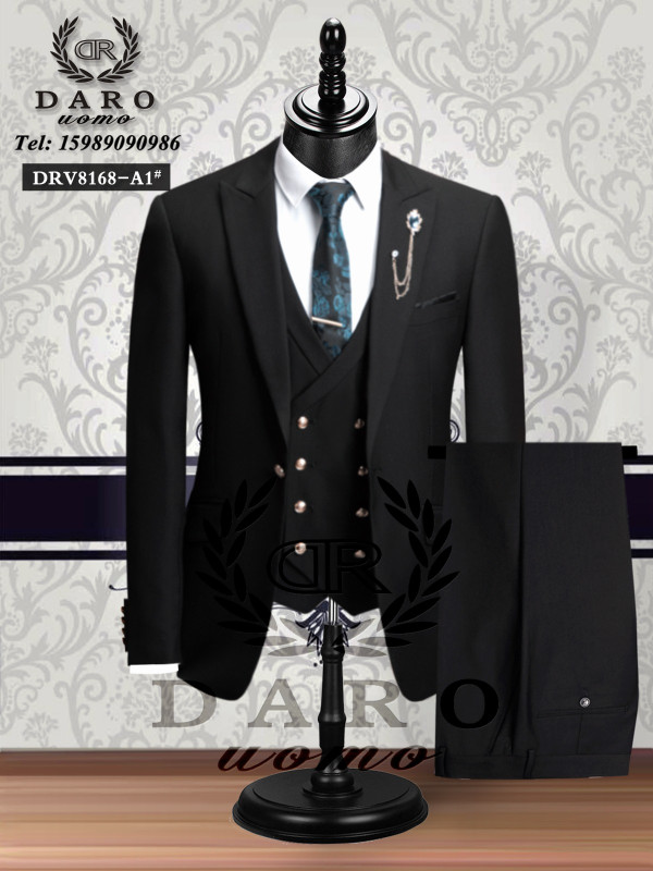 Navy Blue 3-Piece Double Breasted Suit Men 6x2 Button Peak Lapel Blazer + Vest + Trousers Luxury Tailored Wedding Groom Formal Wear DARO Uomo DRVB8168