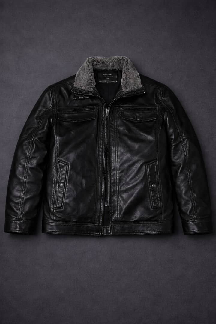 Genuine Leather Bomber Jacket Sherpa Collar Moto Biker Style Zip Front Casual Outerwear Men