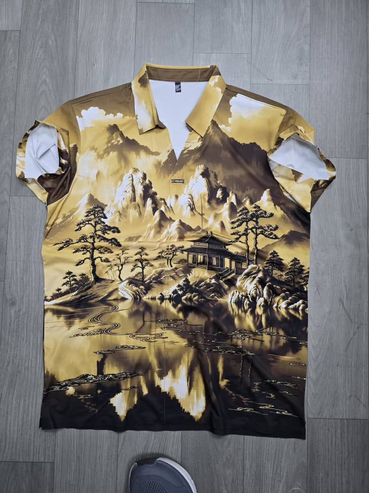 Gold Metallic Landscape Polo Shirt All-Over Pagoda Mountain Print Short Sleeve Luxury Casual Polo