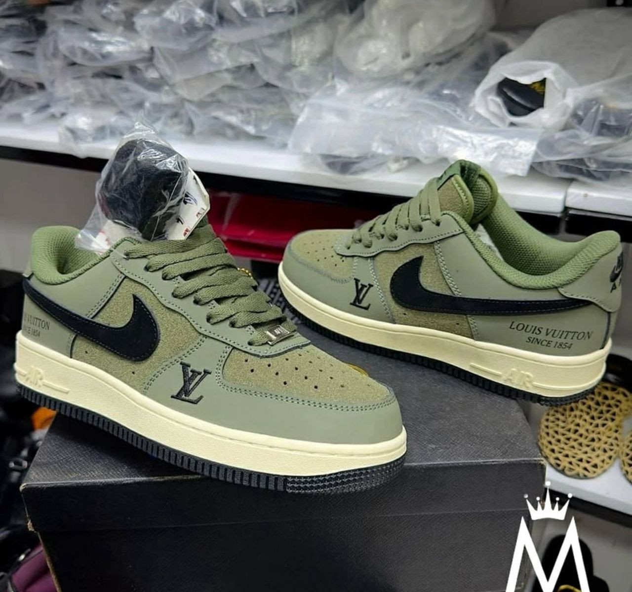 Olive Gray LV Custom Nike Air Force 1 Low Louis Vuitton Print Suede Sneakers