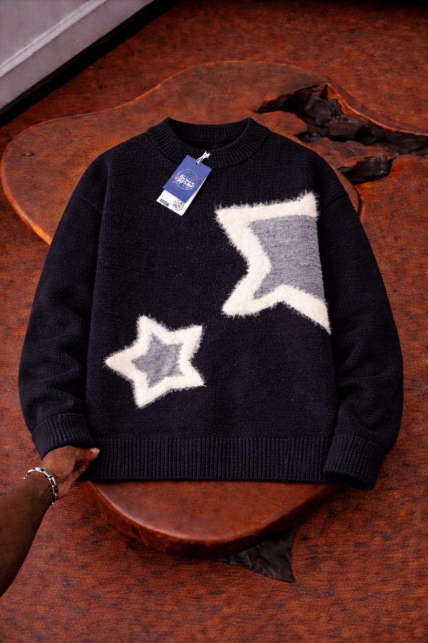 Navy Oversized Fuzzy Star Sweater Crewneck Fluffy Stars Mohair-Like Knit Pullover Streetwear Cozy Jumper