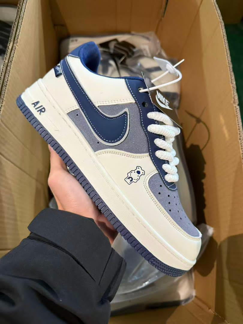 Custom Nike Air Force 1 Low - Grey Navy Suede Bear Graphic Sneakers Unisex