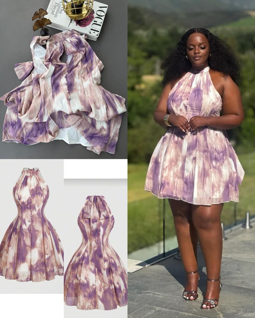 Lavender Tie-Dye Halter Mini Dress Open Back Bow Fit-and-Flare Purple Watercolor Skater Dress