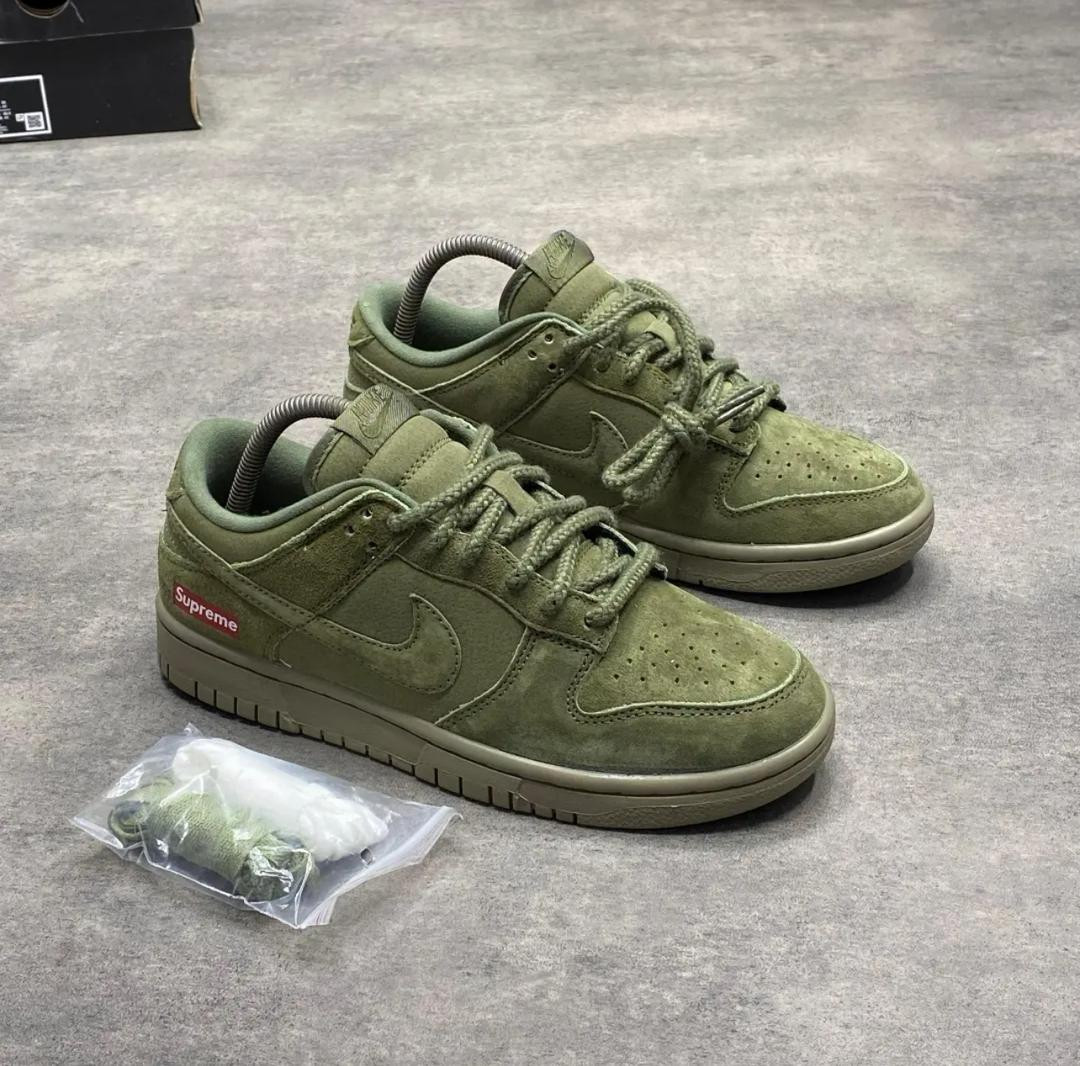 Olive Green Suede Nike SB Dunk Low Supreme Inspired Custom Sneakers
