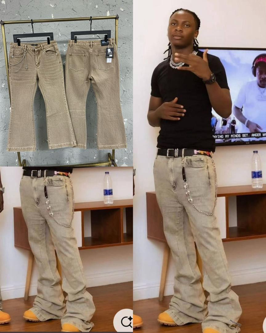 Men's Y2K Vintage Khaki Stacked Flare Jeans - Retro Distressed Baggy Fit Cargo Trousers with Side Chain Detail