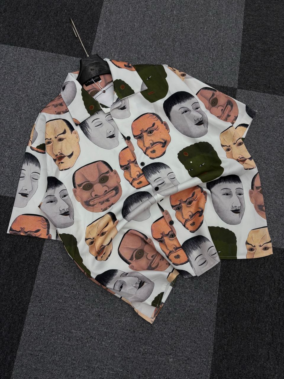 Oversized Mask Print Shirt - Asian Opera Faces All-Over Art Button-Up