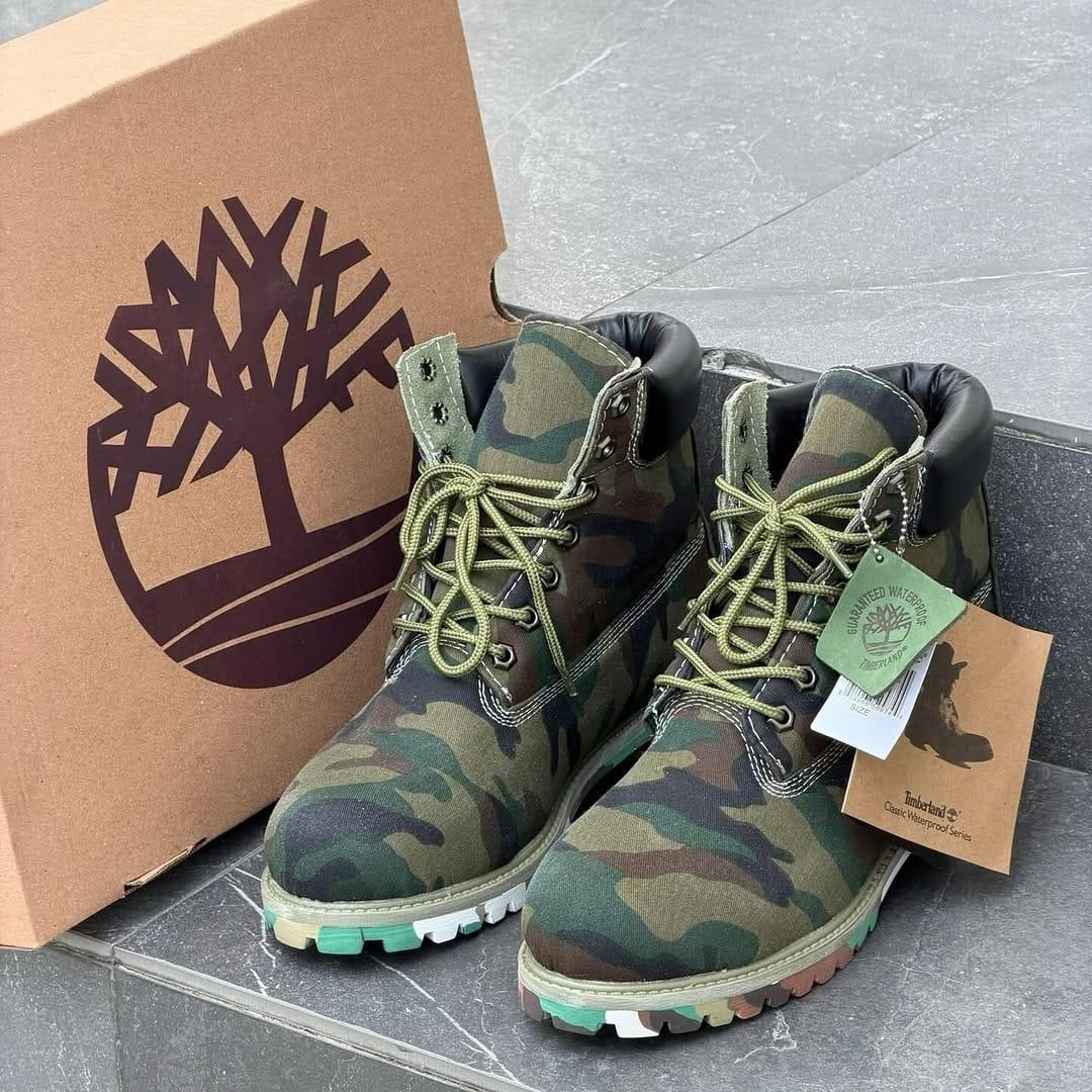 Green Woodland Camo Timberland Inspired 6-Inch Boots Pixel Camouflage Waterproof Chunky Lug Sole Streetwear Unisex Work Boots