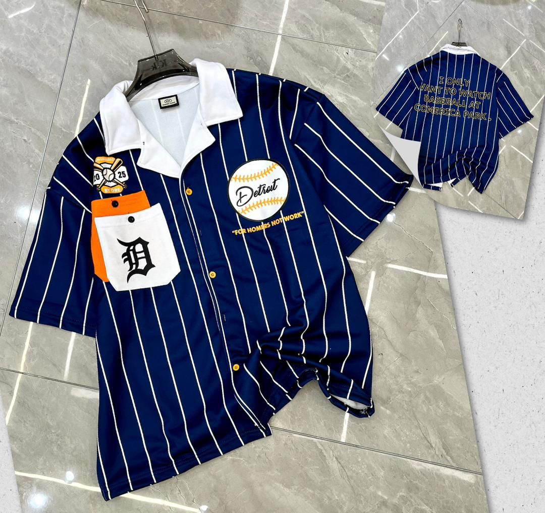 Navy Pinstripe Detroit Tigers Baseball Shirt Oversized Short Sleeve Button Up Comerica Park Slogan Retro Streetwear Unisex Casual Top MLB Inspired