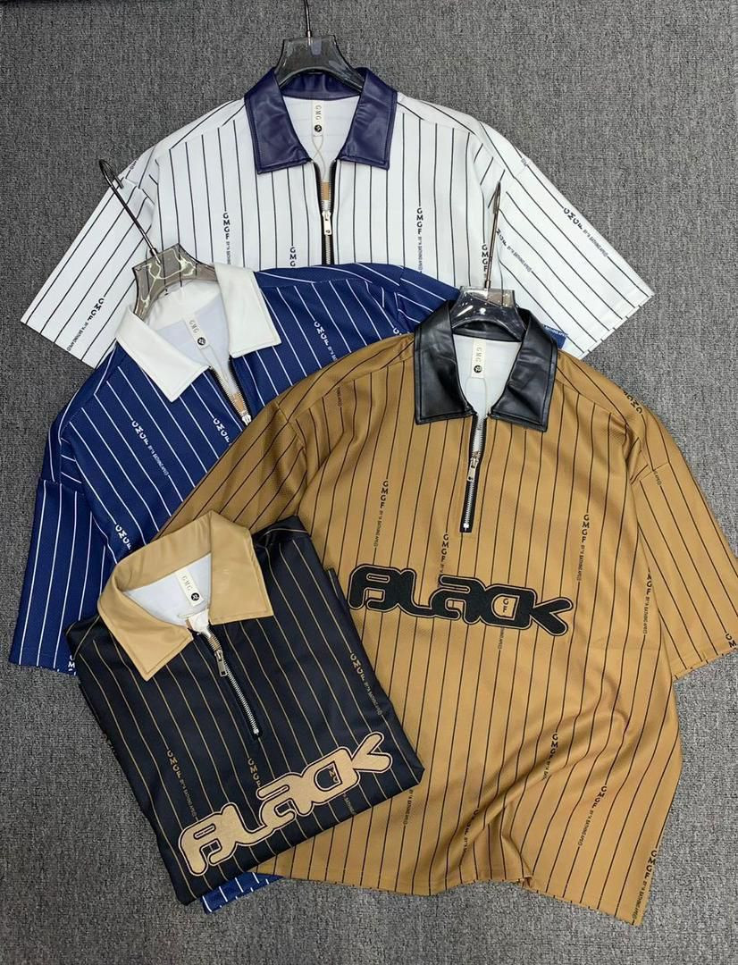 Oversized Pinstripe Polo Shirt - BLACK Leather Collar Rugby Zip Top Unisex