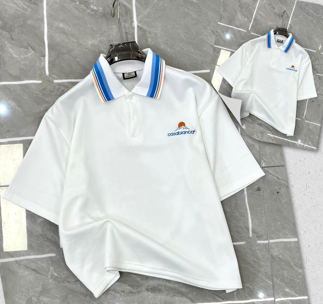 Casablanca Style Polo White Sunset Graphic Striped Collar Oversized Short Sleeve Polo Shirt Retro Preppy Streetwear Unisex