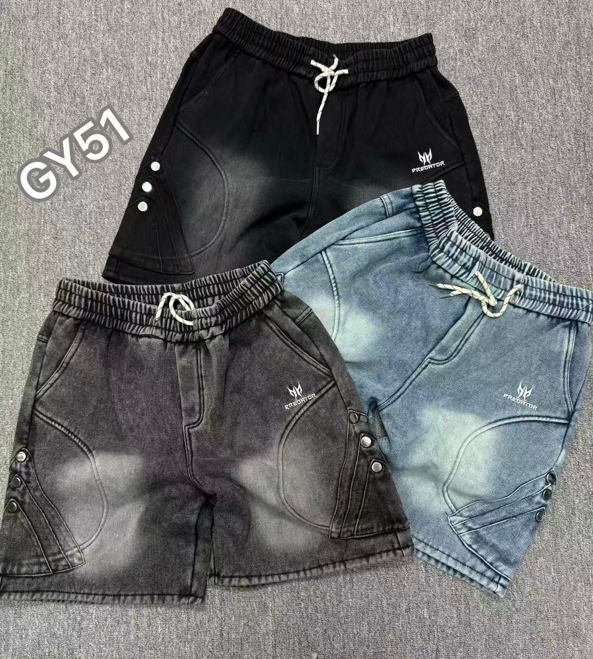 PREDATOR Oversized Cargo Shorts - Washed Denim Multi-Pocket Drawstring Men's Streetwear