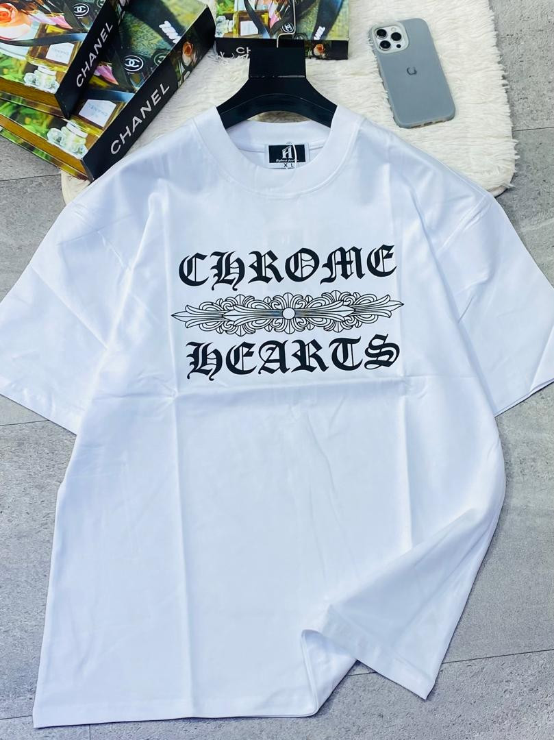 Men’s Gothic Graphic White T-Shirt - Oversized Streetwear Tee with Chrome Lettering & Scrollwork Design - Premium Heavyweight Cotton
