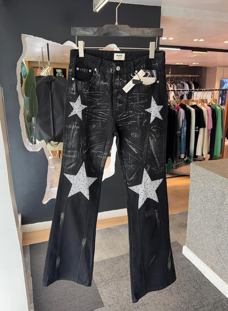 Black Flared Star Jeans Distressed Denim White Applique Stars Wide Leg Streetwear Pants HUUD Style