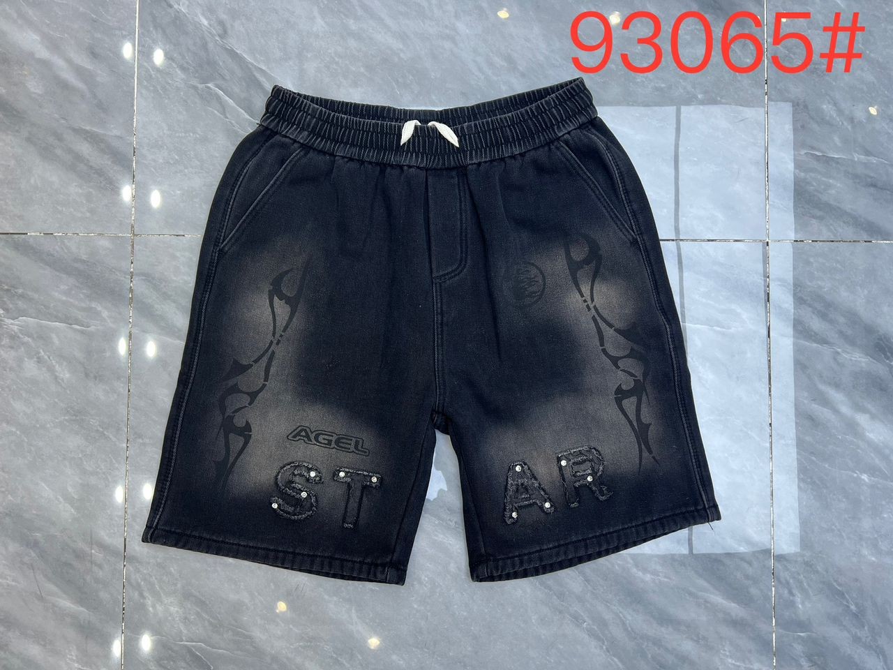 Men's Premium Black Denim Shorts – Edgy Tribal Graphic with "STAR" Lettering & Crystal Accents – Relaxed Fit Urban Streetwear