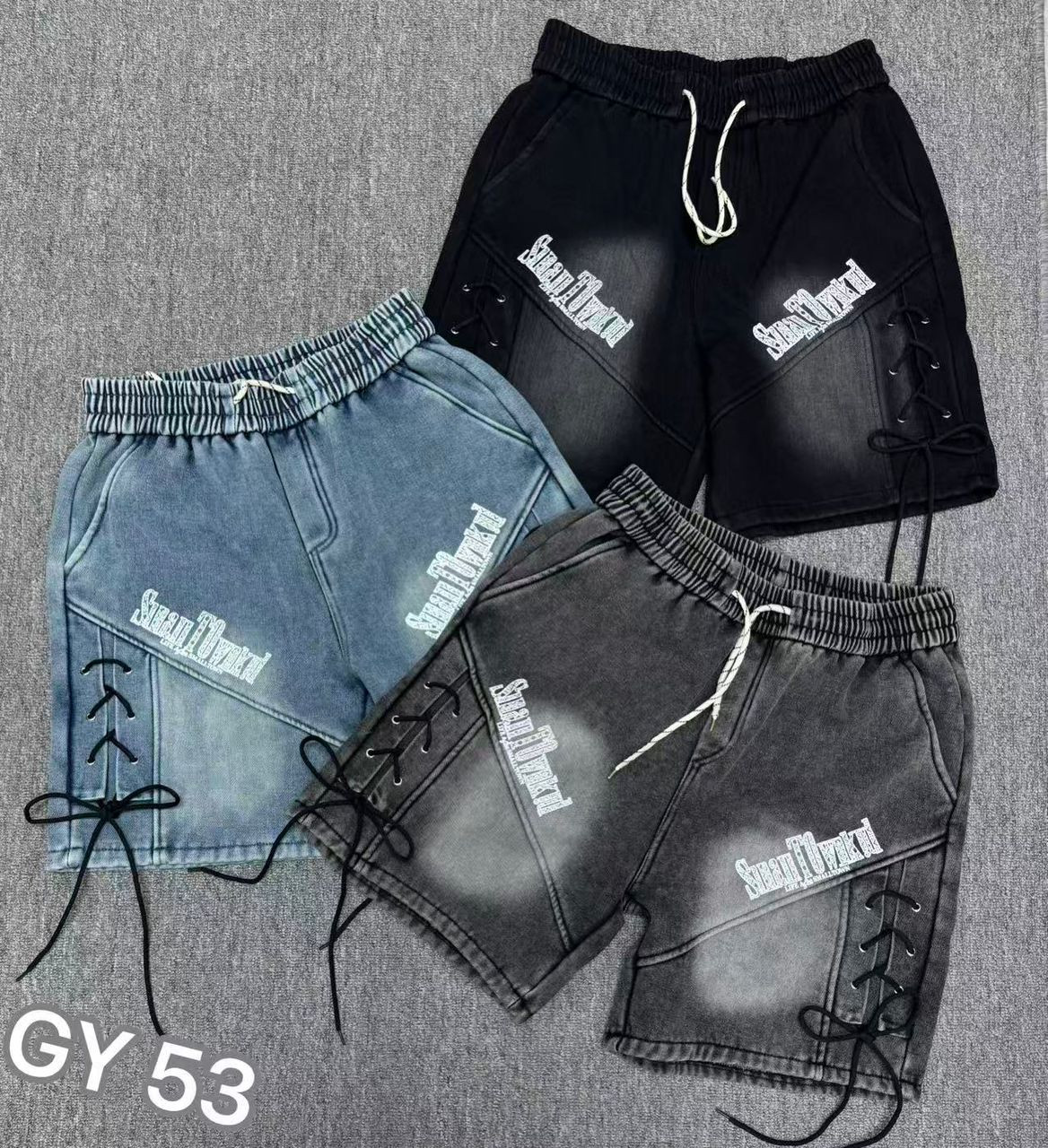 Sean Flayard Oversized Lace-Up Shorts - Washed Denim Graphic Jogger Streetwear