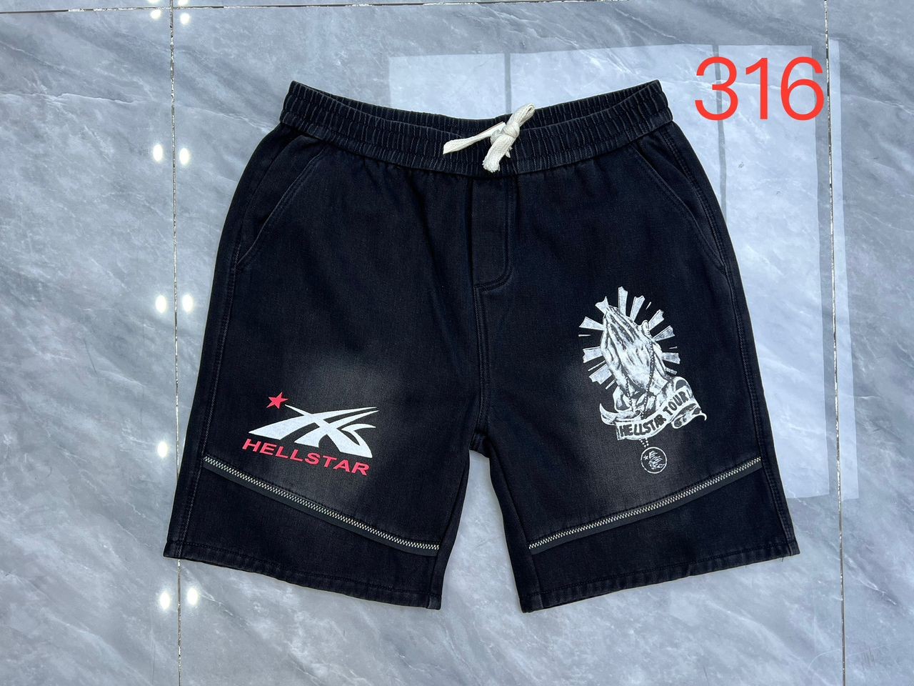 Black Denim Shorts – Hellstar Tour Praying Hands Graphic with Zipper Detail – Modern Relaxed Fit Urban Streetwear